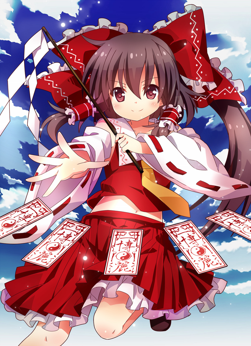 armpits blue_sky blush bow brown_eyes brown_footwear brown_hair cloud day detached_sleeves gohei hair_bow hair_tubes hakurei_reimu highres holding japanese_clothes jiang-ge layered_skirt midriff miko ofuda outstretched_arm ponytail red_bow red_skirt ribbon-trimmed_sleeves ribbon_trim skirt sky smile solo touhou wide_sleeves yellow_neckwear