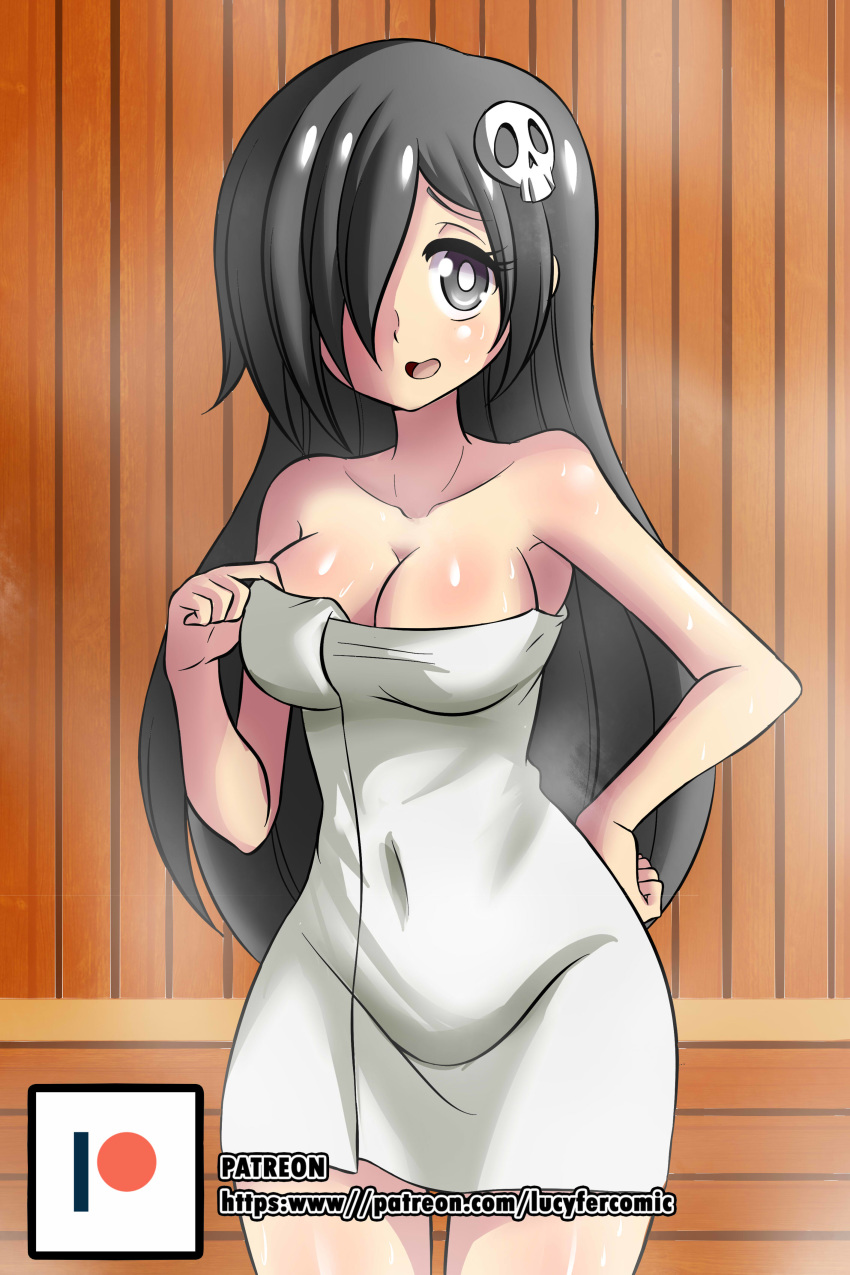 1girl absurdres artist_name bangs bare_shoulders black_eyes black_hair blush breasts cleavage collarbone covered_navel cowboy_shot female hair_ornament hand_on_hip hand_up happy highres light_blush long-hair medium_breasts naked_towel open_mouth original patreon_logo patreon_username shiny shiny_hair shiny_skin skull_hair_ornament smile solo standing steam sweat towel watermark web_address zanatemx