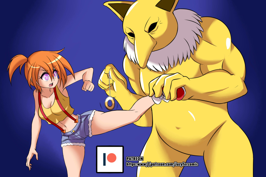1boy 1girl alternate_eye_color animal_ears arm_up artist_name bangs bare_shoulders black_eyes blue_background blue_shorts breasts cleavage clenched_hand collarbone creatures_(company) crop_top denim denim_shorts eyebrows_visible_through_hair furry game_freak gen_1_pokemon hair_tie hands_up highres holding hypno hypnosis kasumi_(pokemon) leg_up looking_at_another medium_breasts midriff mind_control navel nintendo open_mouth orange_hair patreon_logo patreon_username pendulum pink_eyes pokemon pokemon_(anime) pokemon_(classic_anime) pokemon_(creature) red_footwear shiny shiny_hair shiny_skin shirt shoes short_shorts shorts side_ponytail simple_background sleeveless sleeveless_shirt standing standing_on_one_leg suspenders teeth tied_hair watermark web_address yellow_shirt zanatemx