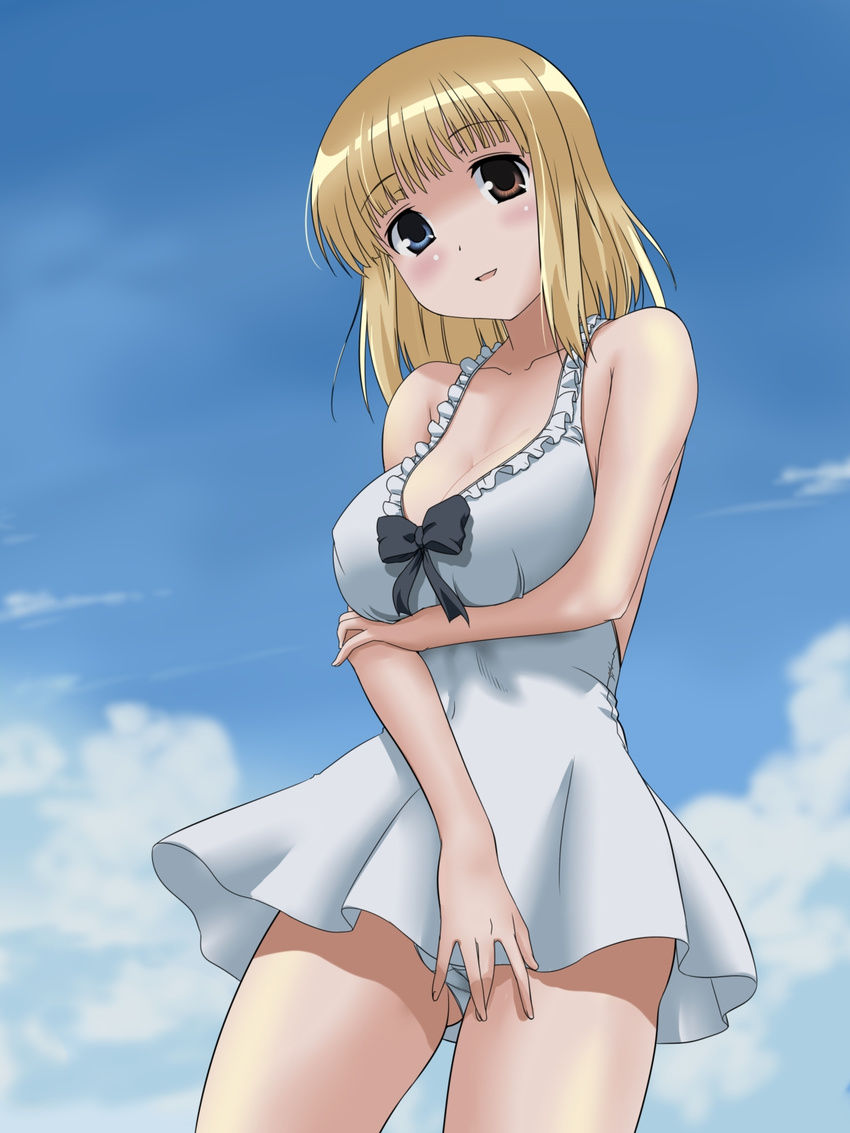 1girl bare_arms bare_legs bare_shoulders blonde_hair blush breast_hold breasts cleavage cowboy_shot dress eyebrows eyebrows_visible_through_hair fukuji_mihoko heterochromia highres kotobuki_hajime large_breasts legs looking_at_viewer outdoors panties pantyshot pantyshot_(standing) parted_lips saki short_hair sky sleeveless smile solo standing thighs underwear white_dress wind