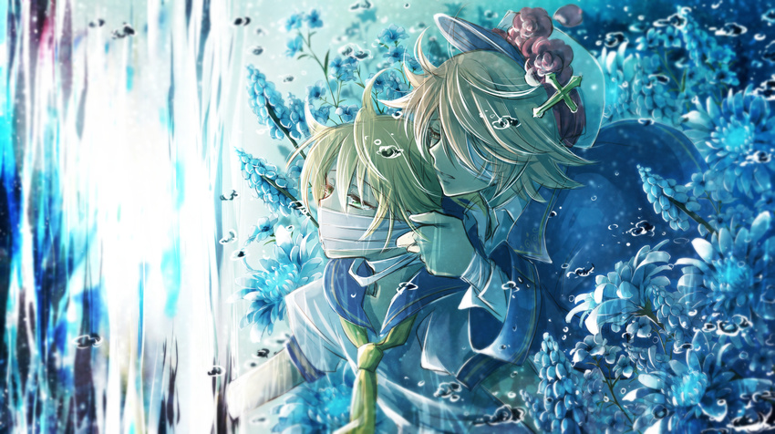 air_bubble bandage_over_one_eye bandages blonde_hair bubble covered_mouth cross flower hair_over_one_eye half-closed_eyes kagamine_len male_focus multiple_boys oliver_(vocaloid) orihara_sachiko parted_lips underwater upper_body vocaloid