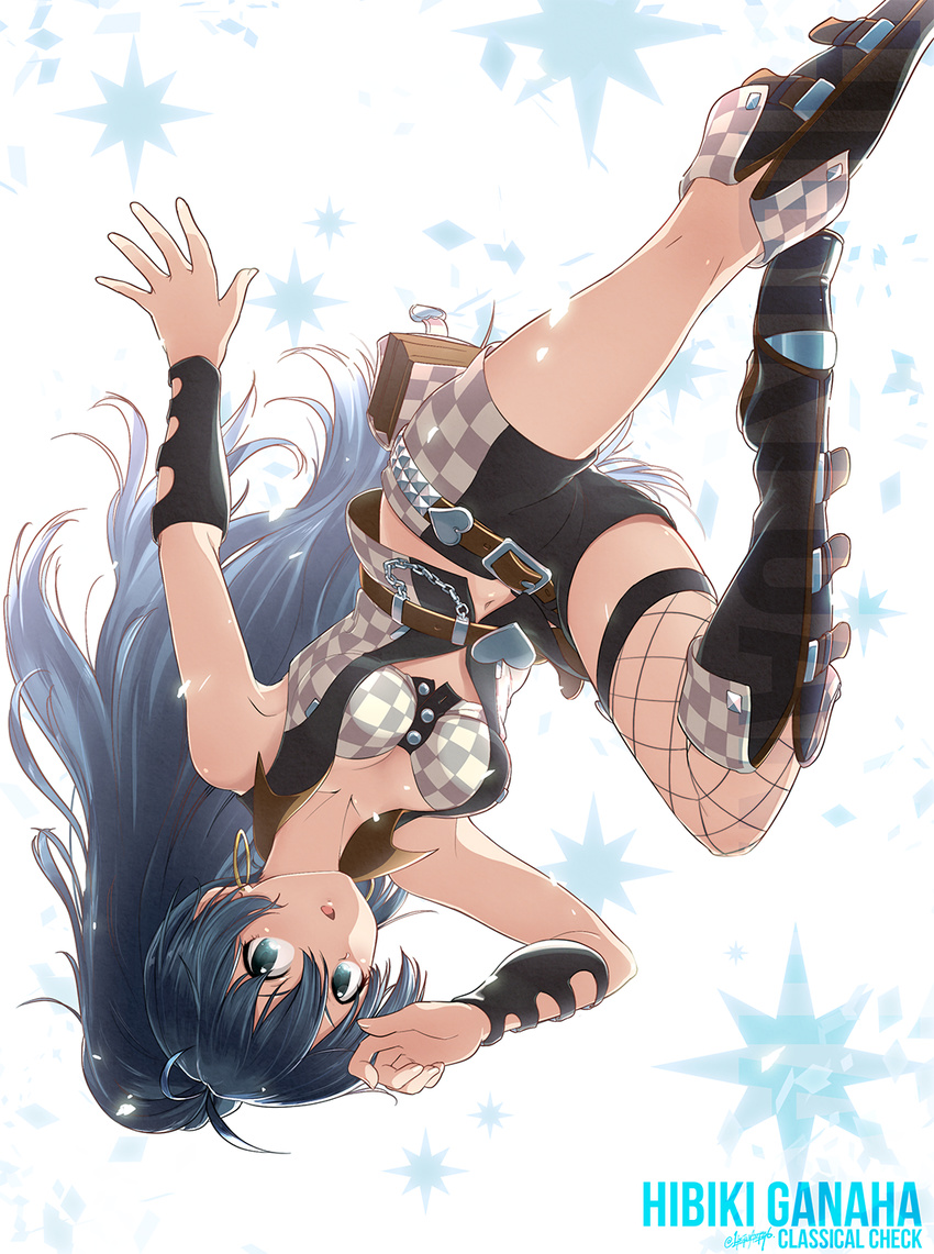 belt blue_eyes blue_hair boots breasts chain character_name checkered cleavage collarbone earrings fishnet_legwear fishnets ganaha_hibiki hair_ribbon high_ponytail highres hoop_earrings idolmaster idolmaster_(classic) idolmaster_platinum_stars jewelry knee_boots large_breasts long_hair midriff navel ribbon short_shorts shorts single_thighhigh solo takahashi_umori thighhighs upside-down vest