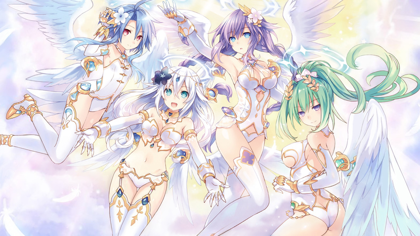 angel_wings ass black_heart blue_eyes blue_hair braid breasts butt_crack cleavage collar elbow_gloves flat_chest four_goddesses_online:_cyber_dimension_neptune game_cg garter_belt gem gloves green_heart hair_ornament halo highres jewelry large_breasts leotard long_hair looking_at_viewer medium_breasts multiple_girls navel neptune_(series) official_art open_mouth power_symbol purple_eyes purple_hair purple_heart red_eyes short_hair short_hair_with_long_locks sideboob smile thighhighs tsunako twin_braids white_hair white_heart wings