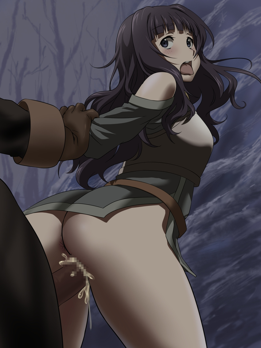 1girl arm_grab ass bent_over black_eyes black_hair blush breasts censored character_request clothed_sex cum cum_in_pussy ejaculation freckles gloves highres kotobuki_hajime legs long_hair looking_back mosaic_censoring no_panties open_mouth penis plate_armor sex solo_focus standing sword_art_online thighs vaginal