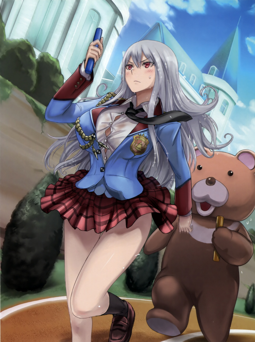 alternate_costume animal_costume bear_costume blush_stickers breasts building bursting_breasts bush button_gap cloud cloudy_sky collared_shirt day highres huge_breasts jacket long_hair motion_blur official_art red_eyes relay_baton relay_race running school_uniform selvaria_bles senjou_no_valkyria senjou_no_valkyria_1 senjou_no_valkyria_2 shirt shoes silver_hair skirt sky socks sweat sweatdrop tea_(nakenashi) track