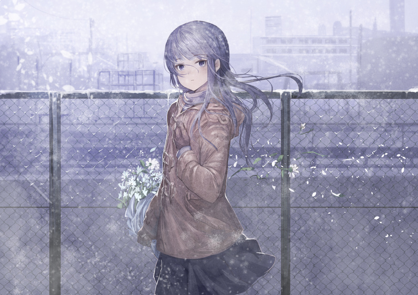 bag bouquet breath building coat fence flower koruse long_hair mittens original outdoors purple_eyes purple_hair scarf skirt sky snow snowing solo wind winter winter_clothes winter_coat