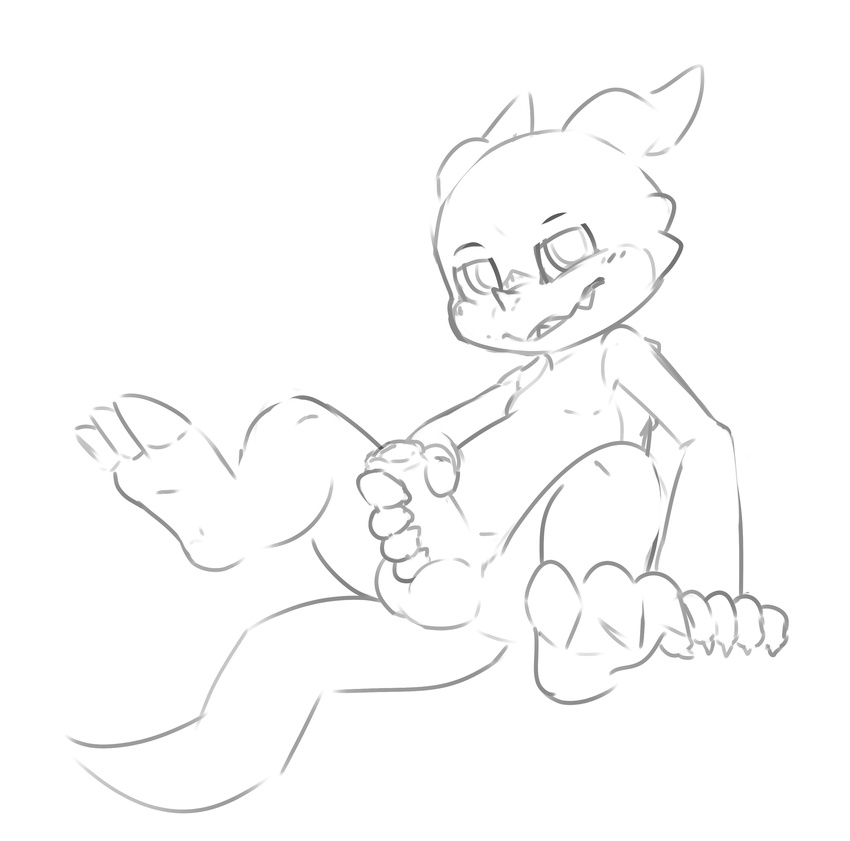 balls digimon erection furfit greyscale holding_penis humanoid_penis line_art looking_at_viewer male monochrome naughty_face one_leg_up partially_retracted_foreskin penis pinup pose scalie sitting sketch smile smirk spread_legs spreading uncut veemon