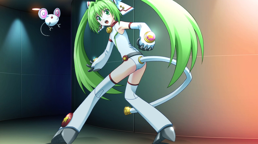 :&lt; animal_ears armpits ass bare_shoulders bell belt bow clenched_hand closed_mouth cow_bell detached_sleeves fin_(phantom_breaker) flat_ass flat_chest game_cg green_eyes green_hair hair_bow hair_ornament high_heels indoors legs_apart leotard looking_back mauchuu mouse_ears non-web_source open_mouth pet phantom_breaker red_eyes robot shoe_soles sidelocks standing star star_print suzuhira_hiro tail twintails v-shaped_eyebrows white_legwear white_leotard younger