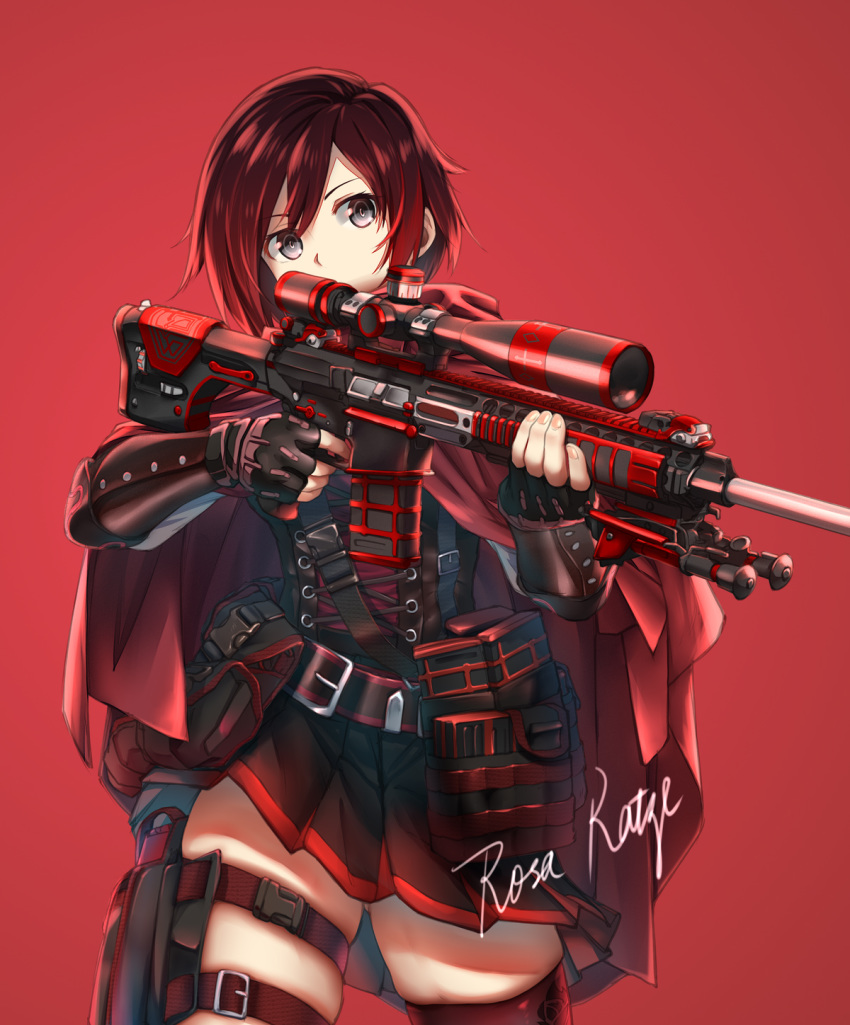 1girl aiming artist_request belt bipod black_hair cloak cloak_removed fingerless_gloves gloves grey_eyes gun highres pouch red_hair rifle rosakatze ruby_rose rwby short_hair skindentation skirt sniper_rifle sniper_scope thigh_strap thighhighs weapon