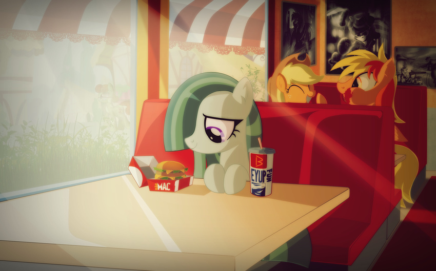 2016 applejack_(mlp) blonde_hair burger earth_pony equine eyes_closed female food friendship_is_magic group hair hat hi_res horse inside mammal marble_pie_(mlp) my_little_pony pony ruhisu smile