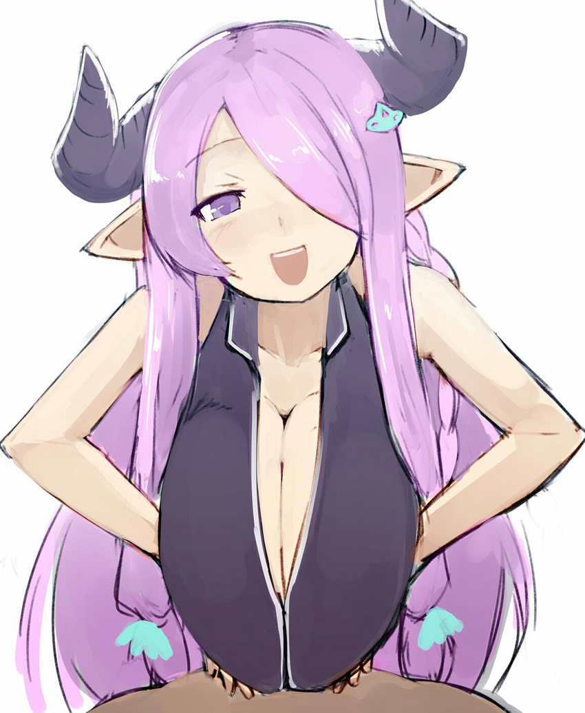 1boy 1girl bent_over braid breast_squeeze breasts cleavage cow_girl cow_horns doraf granblue_fantasy hair_ornament hair_over_one_eye hairclip hetero highres horns huge_breasts long_breasts long_hair looking_at_viewer narumeia_(granblue_fantasy) open_mouth paizuri pen_(pen3) pink_hair pointy_ears pov purple_eyes purple_hair simple_background solo_focus white_background