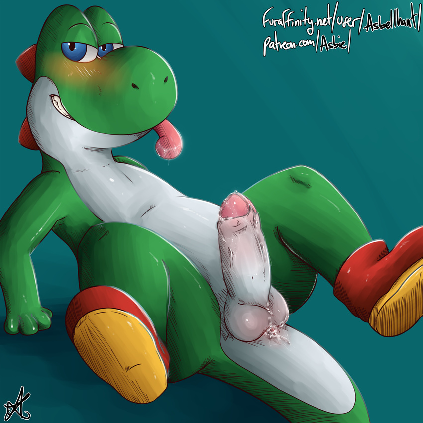 2016 after_sex anal asbel_lhant balls blue_eyes blush boots clothing cum cum_in_ass cum_inside cum_on_penis dinosaur footwear grin leaking male mario_bros nintendo penis precum presenting simple_background sitting solo spreading tongue uncut video_games yoshi