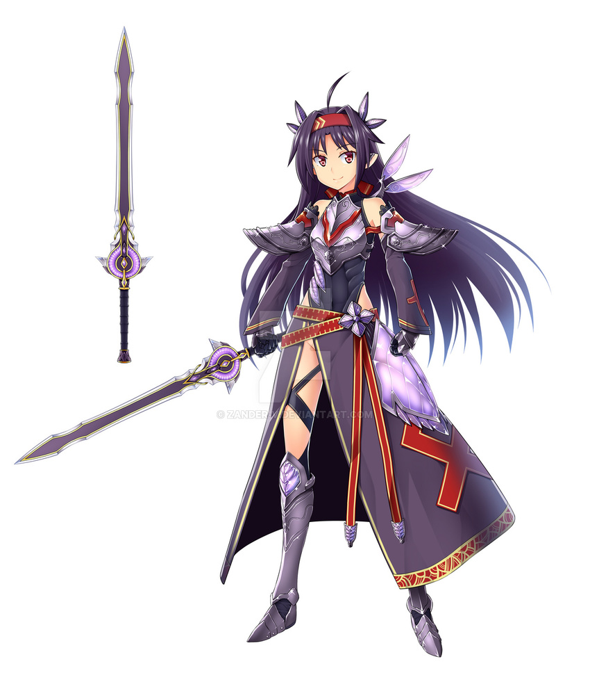 1girl black_hair boots breastplate brown_eyes butter-t detached_sleeves fingerless_gloves gloves hairband holding holding_sword holding_weapon knee_boots long_hair looking_at_viewer open_mouth pointy_ears purple_gloves simple_background solo sword sword_art_online sword_art_online:_code_register sword_art_online:_hollow_fragment sword_art_online:_infinity_moment watermark weapon white_background yuuki_(sao)