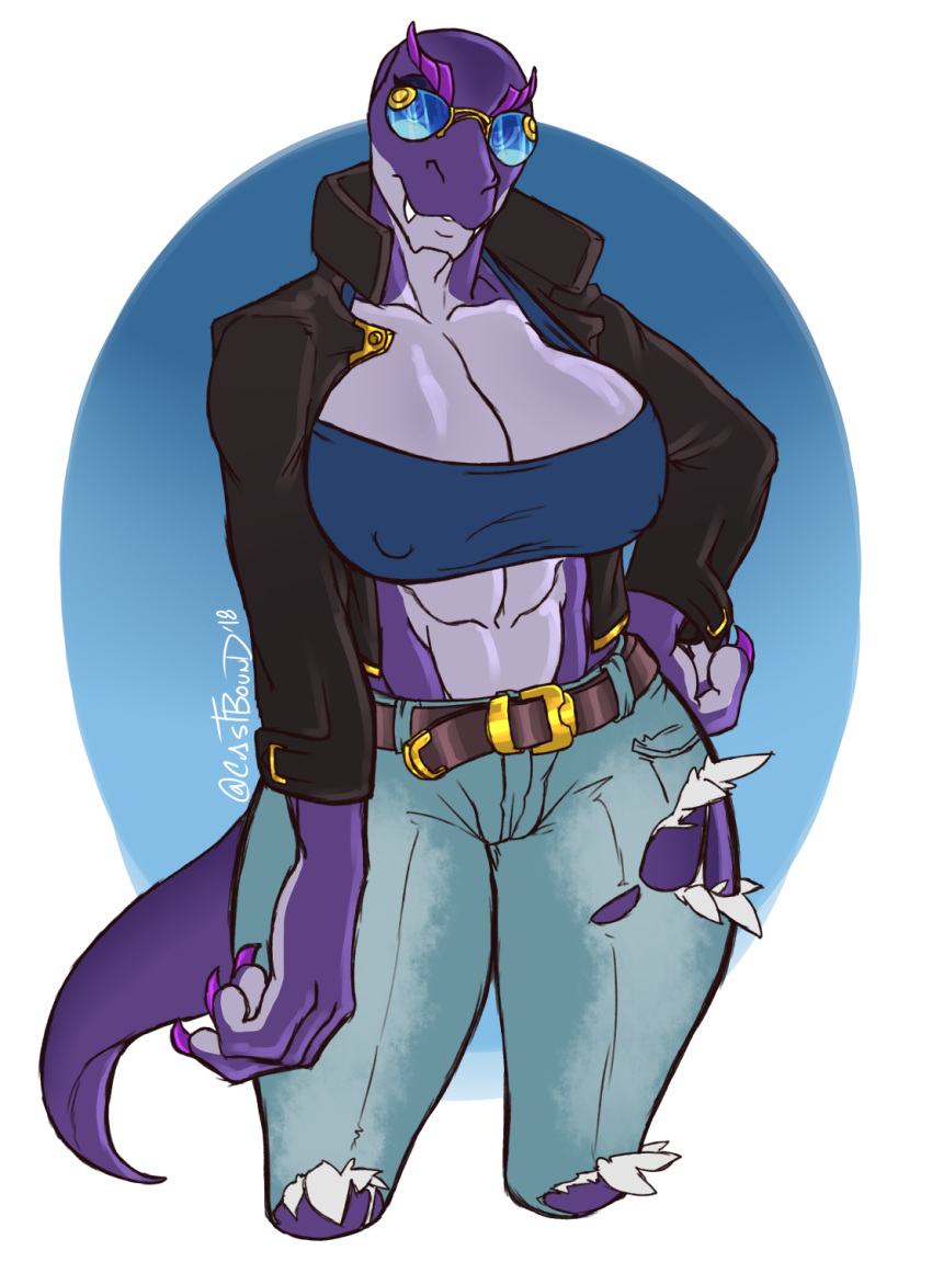 2018 abs anthro belt big_breasts breasts castbound claws cleavage clothed clothing colored_nails crop_top digital_media_(artwork) dinomom_(castbound) dinosaur eyewear fangs female hand_on_hip jacket looking_at_viewer mature_female midriff multicolored_scales muscular muscular_female nipple_bulge non-mammal_breasts pants purple_scales reptile scales scalie shirt signature simple_background smile solo sunglasses thick_tail thick_thighs torn_clothing two_tone_scales voluptuous wide_hips