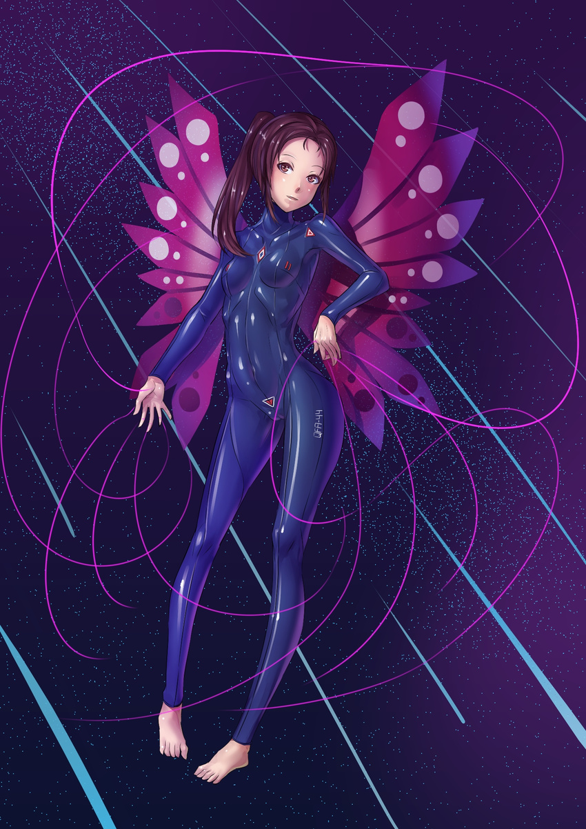 ace_combat ace_combat_infinity barefoot blue_bodysuit bodysuit breasts brown_eyes brown_hair cameltoe camilla_(ace_combat) contrapposto covered_navel highres long_hair nanjyolno parted_lips pigeon-toed ponytail shiny shiny_clothes skin_tight small_breasts solo standing wings