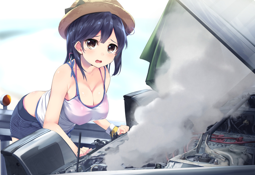 ahoge alternate_costume bent_over black_hair breasts brown_eyes car gedou_(shigure_seishin) ground_vehicle hanging_breasts hat highres kantai_collection large_breasts long_hair motor_vehicle open_mouth smoke solo straw_hat tank_top tearing_up toyota_sprinter_trueno ushio_(kantai_collection) wristband