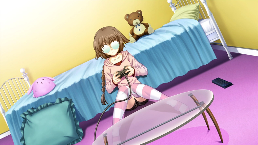 :3 bed bed_sheet bedroom bedside bespectacled braid brown_hair brown_shirt choker closed_mouth cocoa_(phantom_breaker) controller dutch_angle expressionless eyebrows eyebrows_visible_through_hair frilled_pillow frills game_cg game_controller glass_table glasses holding indoors knees_together_feet_apart non-web_source opaque_glasses phantom_breaker pillow pink_sweater playing_games red_shirt remote_control shirt shorts sitting sitting_on_floor solo striped striped_legwear stuffed_animal stuffed_toy suzuhira_hiro sweater table teddy_bear thighhighs