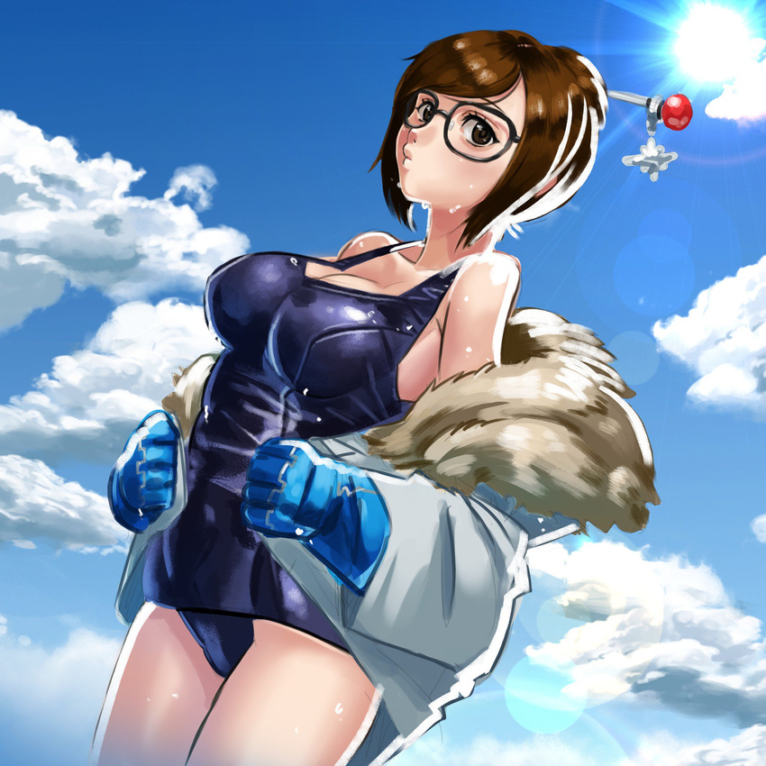 bangs bare_shoulders beads black-framed_eyewear blue_coat blue_gloves blue_sky blue_swimsuit breasts cloud cloudy_sky coat collarbone cowboy_shot day fur-trimmed_jacket fur_coat fur_trim glasses gloves hair_bun hair_ornament hair_stick highres jacket large_breasts legs_together light_rays mei_(overwatch) old_school_swimsuit one-piece_swimsuit open_clothes open_coat overwatch parted_lips school_swimsuit short_hair sidelocks skin_tight sky snowflake_hair_ornament solo sun sunlight swept_bangs swimsuit tanukimaso undressing winter_clothes winter_coat