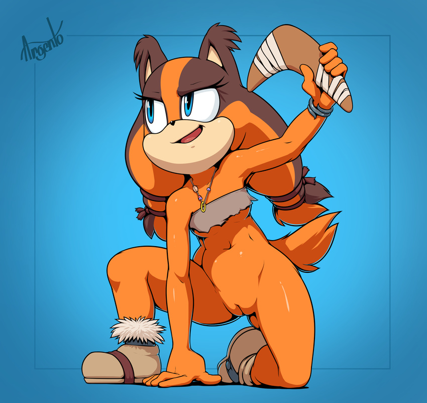 2016 anthro argento badger black_nose blue_eyes boomerang bottomless bracelet breasts brown_fur brown_hair clothed clothing crouching female footwear fur hair hi_res jewelry long_hair looking_up mammal mustelid navel necklace open_mouth orange_fur orange_hair pussy shoes smile solo sonic_(series) sonic_boom sticks_the_jungle_badger under_boob