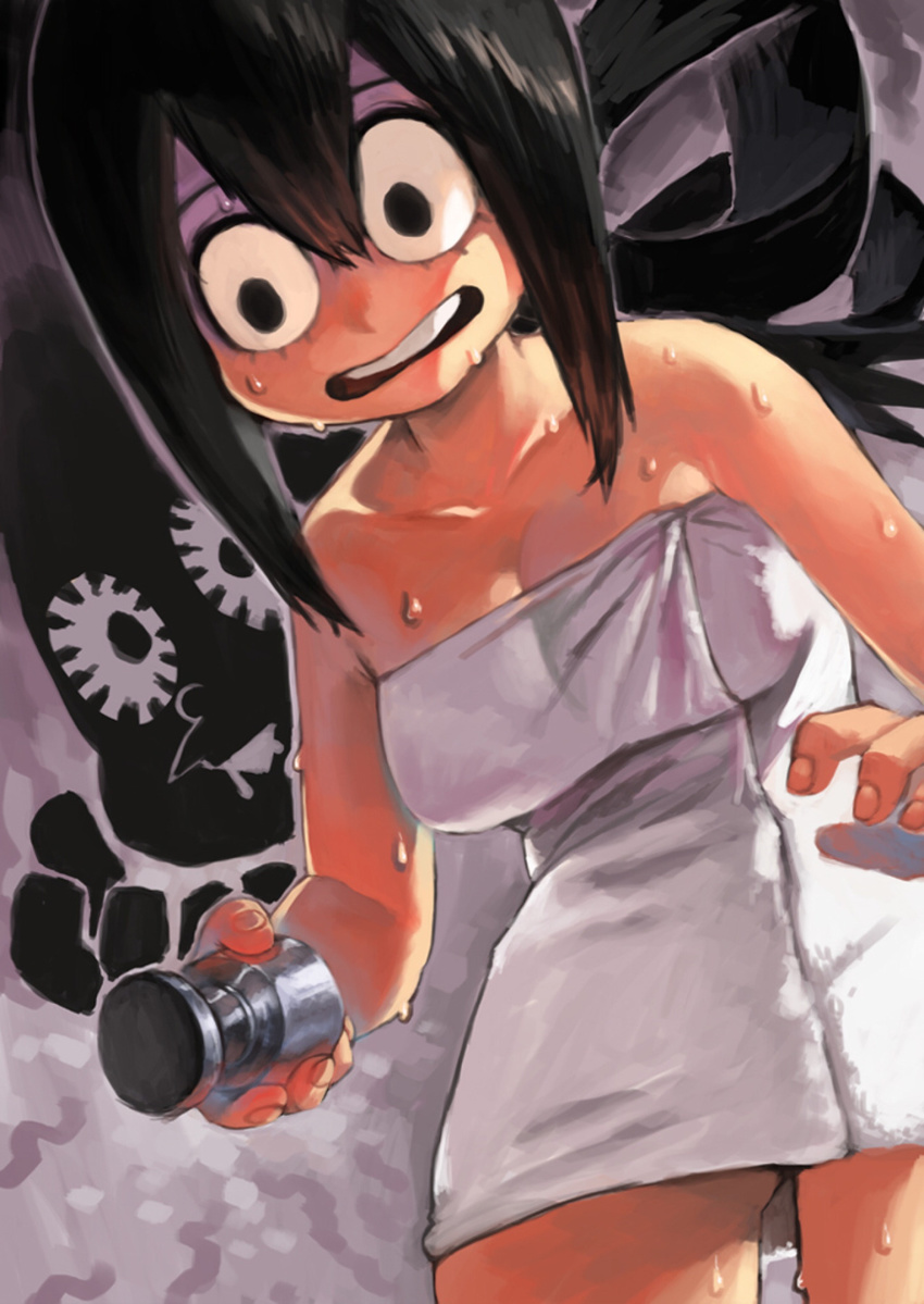 amphibian animal_humanoid anthro asui_tsuyu black_hair boku_no_hero_academia breasts drooling female frog_humanoid hair human humanoid mammal minoru_mineta not_furry open_mouth raised_eyebrows saliva scared solo stuck sweat teeth towel wet wide_eyed 田中