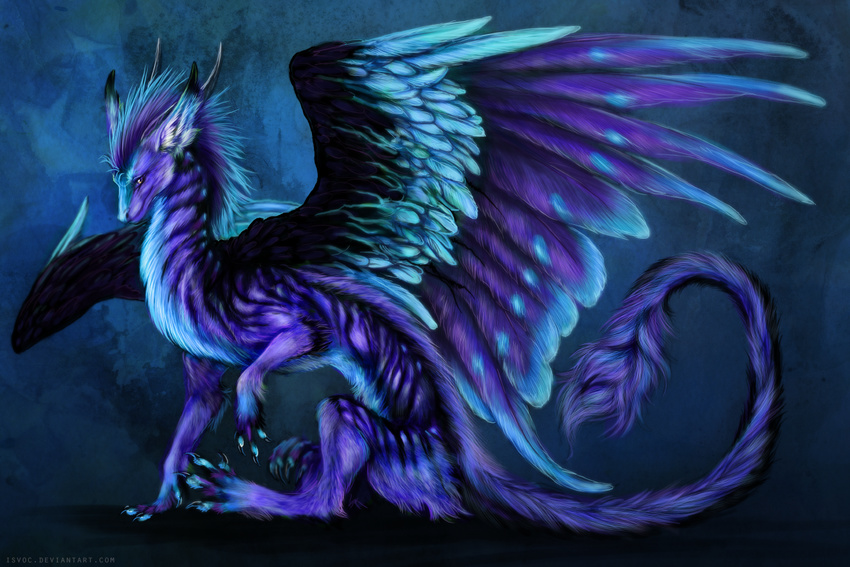 ambiguous_gender blue_feathers blue_fur claws digital_media_(artwork) dragon feathered_dragon feathers feral fur furred_dragon horn isvoc purple_feathers purple_fur simple_background sitting smile solo