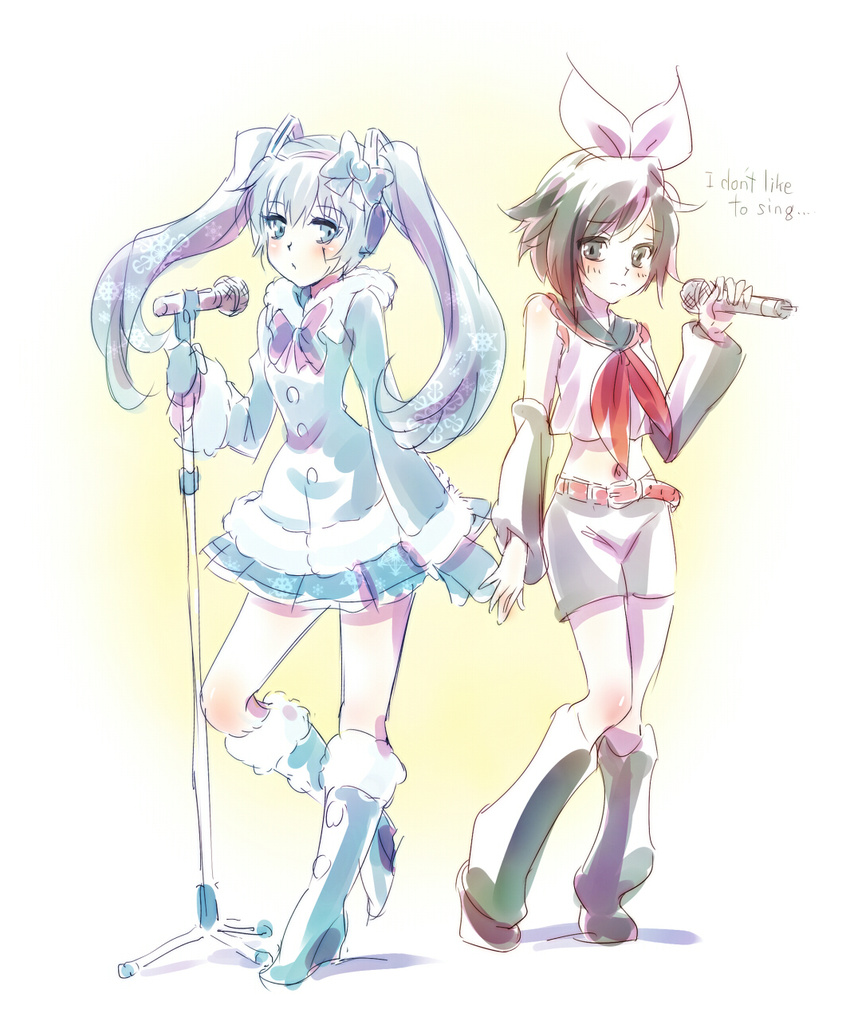 cosplay english hatsune_miku highres holding_hands iesupa kagamine_rin kagamine_rin_(cosplay) long_hair microphone microphone_stand multiple_girls ruby_rose rwby short_hair vocaloid weiss_schnee yuki_miku yuki_miku_(cosplay)