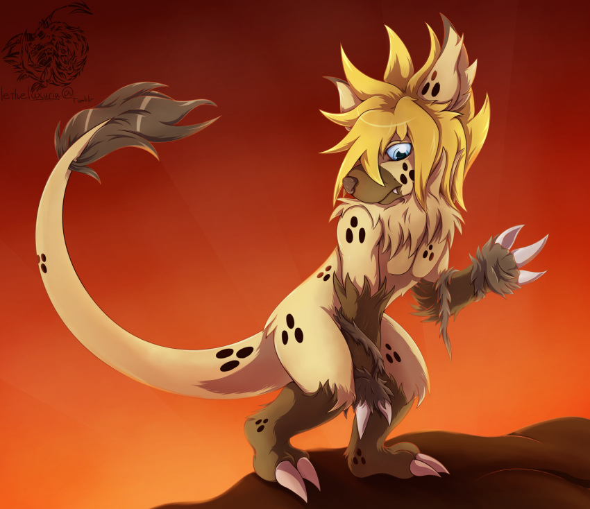 2015 alternate_version_at_source anthro bent_over black_fur blonde_hair dinosaur dromaeosaurid fur hair hyaenid looking_at_viewer luxuria male mammal nude paws rareel reptile scalie simple_background solo spotted_hyena theropod velociraptor