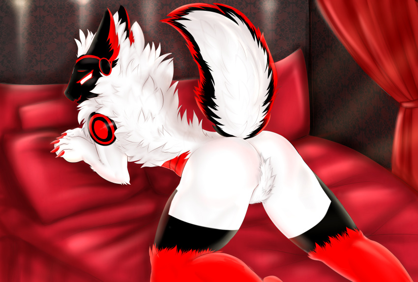absurd_res anthro bed black_fur butt cybernetics female fur hair hi_res kaviki looking_at_viewer lying machine mammal noisy_(character) nude presenting protogen rear_view red_fur robot romantic simple_background white_fur