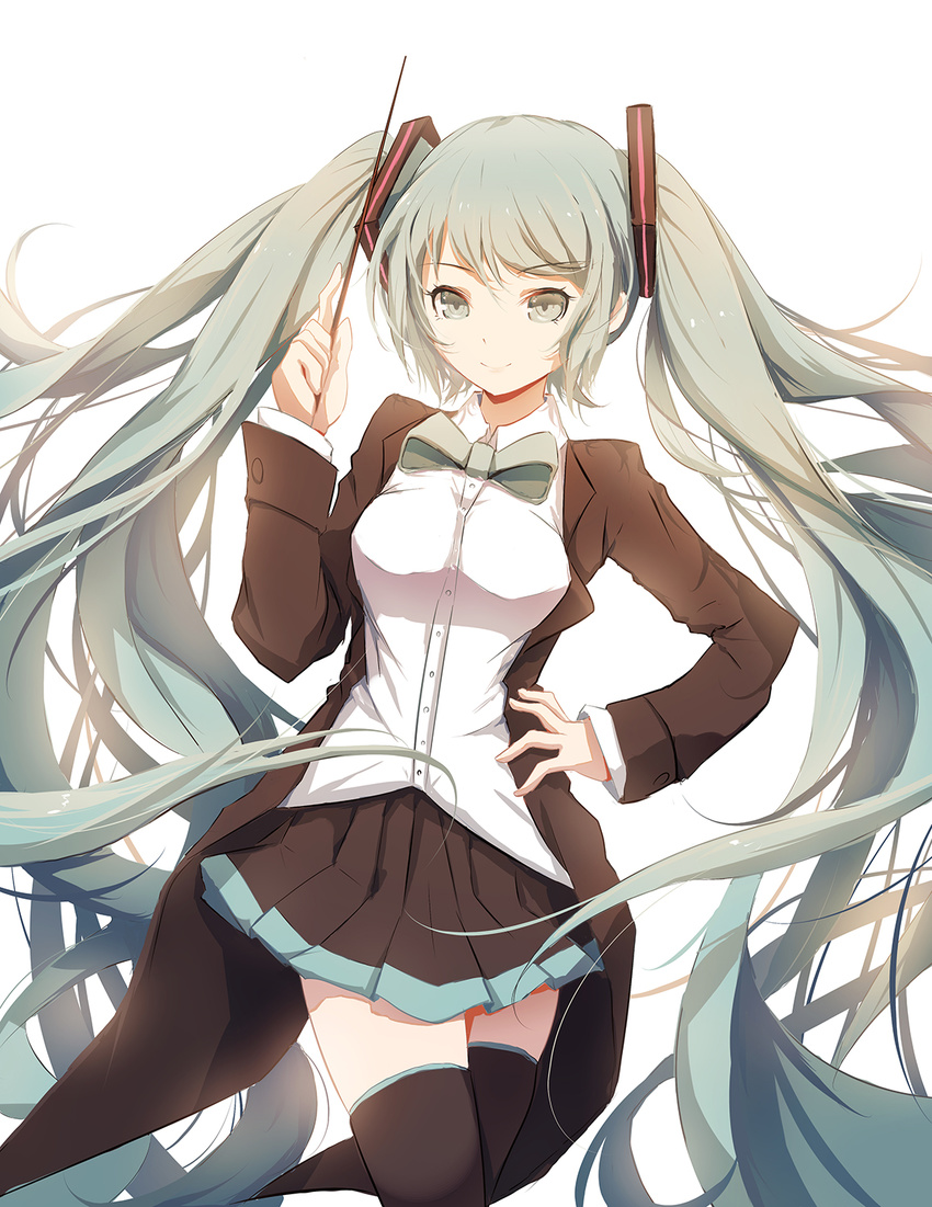 bangs bow bowtie breasts buttons coat coattails collared_shirt eyebrows eyebrows_visible_through_hair eyelashes green_eyes green_hair hand_on_hip hatsune_miku highres holding lengchan_(fu626878068) long_hair long_sleeves looking_at_viewer medium_breasts miku_symphony_(vocaloid) pleated_skirt pointer shirt simple_background skirt smile solo thighhighs twintails vocaloid white_background