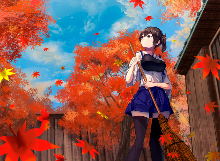 autumn_leaves black_legwear brown_eyes brown_hair cloud cloudy_sky day fence hakama japanese_clothes kaga_(kantai_collection) kantai_collection konkito leaf looking_up maple_leaf maple_tree miniskirt muneate outdoors side_ponytail skirt sky solo thighhighs tree wooden_fence