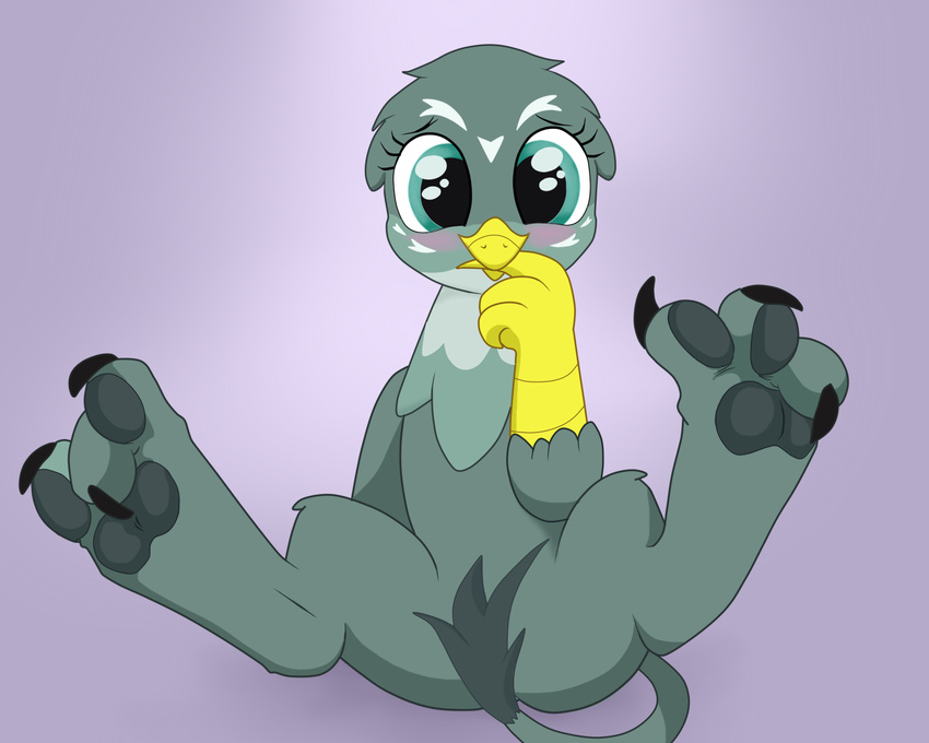 2016 3_toes avian beak blush convenient_censorship friendship_is_magic gabby_(mlp) gryphon hi_res looking_at_viewer my_little_pony paws solo spread_legs spreading tail_censorship toes uknown_artist