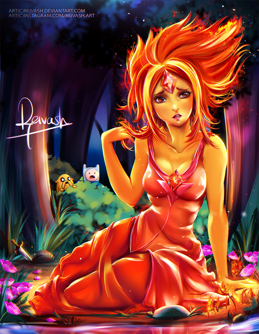 2boys adjusting_hair adventure_time blush breasts burning cleavage dress fiery_hair finn_the_human fire flame_princess flower forehead_jewel forest highres jake_the_dog javier_estrada knife long_hair looking_at_viewer medium_breasts multicolored_hair multiple_boys nature open_mouth orange_hair orange_skin red_dress red_eyes red_hair signature sitting solo_focus two-tone_hair watermark web_address