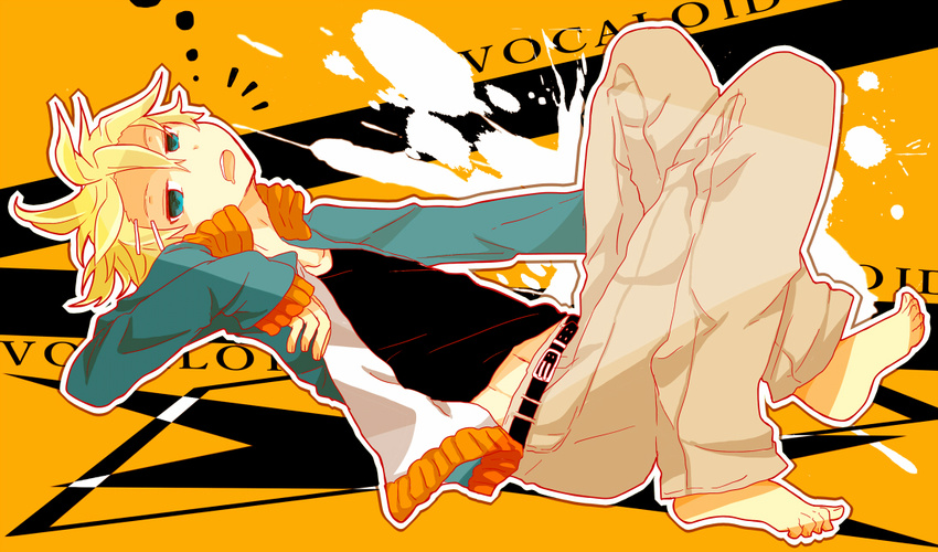 1boy 7:24 barefoot belt blonde_hair blue_eyes copyright_name denim drooling full_body hair_ornament hairclip jeans kagamine_len male_focus open_mouth orange_background pants ponytail solo splatter vocaloid