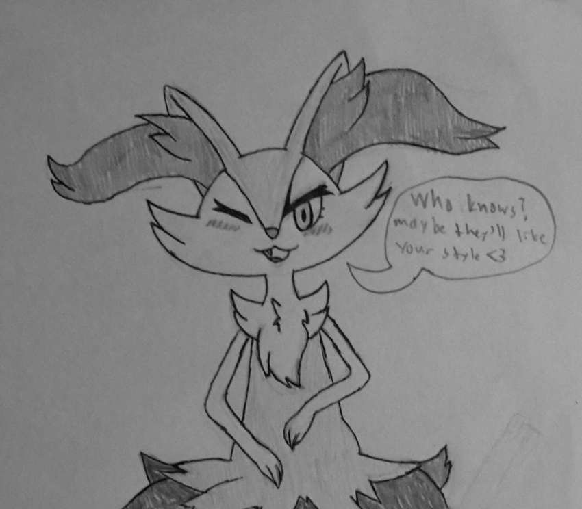 &lt;3 blush braixen canine chest_tuft dialogue female fingers fox fur hindsy inner_ear_fluff mammal nintendo one_eye_closed open_mouth pok&eacute;mon presenting simple_background smile solo text tongue tuft video_games wink