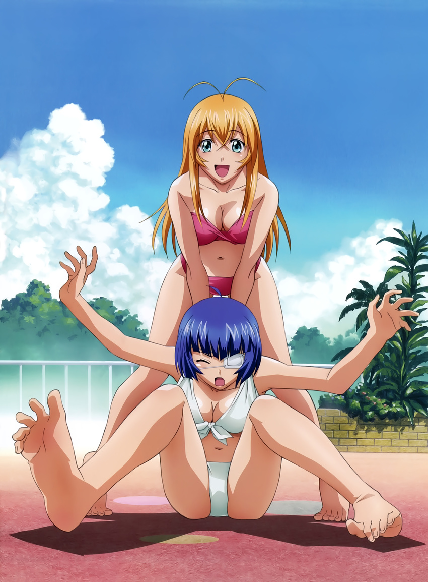 :d absurdres antenna_hair barefoot bikini blue_eyes blue_hair breasts cleavage closed_eyes cloud collarbone day eyebrows eyebrows_visible_through_hair eyepatch feet hair_between_eyes highres ikkitousen leaning_forward light_brown_hair long_hair medical_eyepatch medium_breasts mole mole_under_mouth multiple_girls navel open_mouth outdoors red_bikini ryomou_shimei short_hair sky smile sonsaku_hakufu strapless strapless_bikini swimsuit toes white_bikini