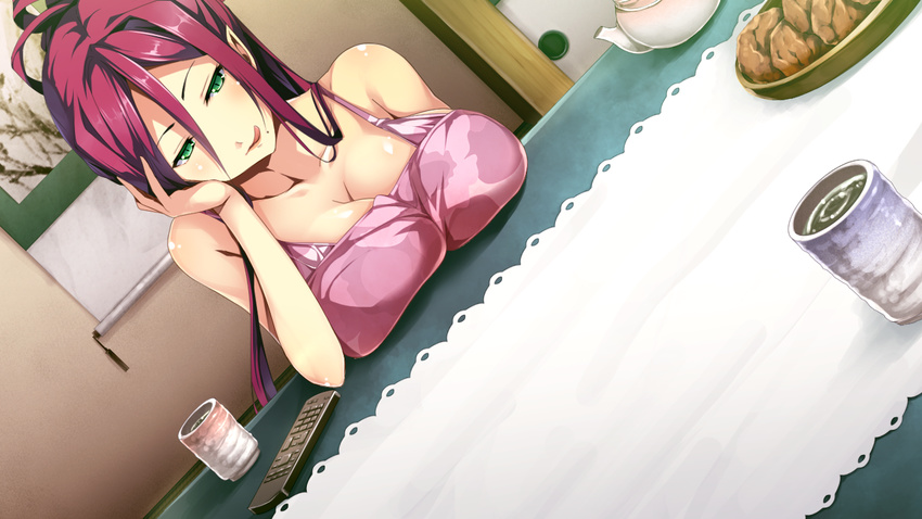 ;p bangs bare_shoulders breast_rest breasts camisole cleavage collarbone controller cookie cup demerara_orendain food game_cg green_eyes green_tea hair_between_eyes hand_on_own_cheek hand_on_own_face kantaka lamia large_breasts licking_lips lips long_hair looking_at_viewer maou_no_kuse_ni_namaiki_da! maou_no_kuse_ni_namaiki_da!_torotoro_tropical! mole mole_under_mouth monster_girl naughty_face one_eye_closed pink_lips pointy_ears ponytail purple_hair remote_control seductive_smile sidelocks smile solo spaghetti_strap tea teacup teapot tongue tongue_out tray upper_body very_long_hair yunomi