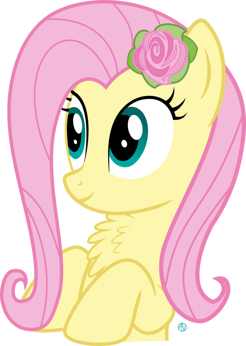 chest_tuft cute earth_pony equine feathered_wings feathers female feral flower flower_in_hair fluttershy_(mlp) friendship_is_magic fur hair horse long_hair mammal my_little_pony pink_hair plant pony rose solo tuft wide_eyed wings