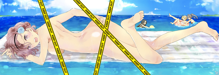 ass barefoot black_hair blonde_hair breasts caution_tape censored cloud cloudy_sky coleen_celsius cosette_coalhearth day embarrassed flower grey_hair hair_flower hair_ornament hairband innertube keep_out licorice_nelson long_hair looking_at_viewer lying marion_siegbahn medium_breasts multiple_girls nude ocean official_art on_stomach open_mouth pink_eyes pink_hair ponytail senjou_no_valkyria senjou_no_valkyria_2 short_hair sideboob sky solo_focus surprised sweatdrop swimming tape_censor watanabe_yuuna