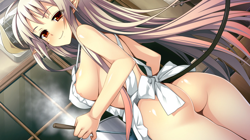 apron ass bangs bare_shoulders bottomless breasts closed_mouth covered_nipples demon_girl demon_tail eyebrows eyebrows_visible_through_hair from_behind game_cg holding horns kantaka ladle large_breasts legs_together long_hair looking_at_viewer looking_back maou_no_kuse_ni_namaiki_da! naked_apron pertsovka_noru_angelica pointy_ears pot red_eyes sideboob silver_hair smile solo steam tail very_long_hair