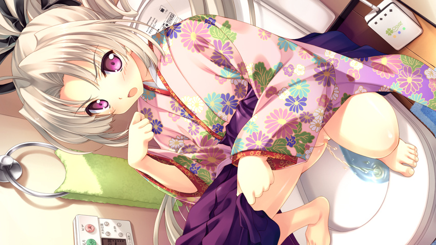 annoyed barefoot black_ribbon blush censored clothes_lift clover dutch_angle floral_print four-leaf_clover game_cg hair_ribbon indoors japanese_clothes kimono kimono_lift long_hair looking_at_viewer love_2_quad mosaic_censoring naruse_hirofumi open_mouth pee peeing pink_eyes pink_kimono pussy ribbon solo squatting toilet toilet_use toudou_chitose towel white_hair wooden_floor