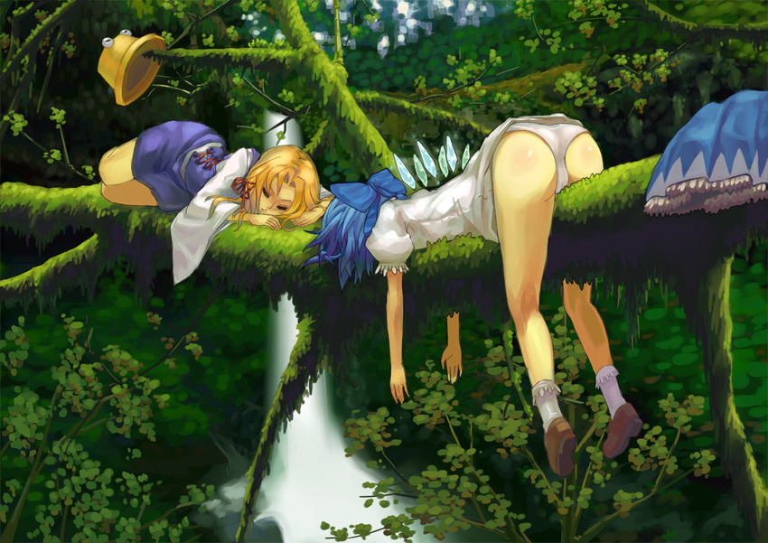 77gl ass blonde_hair blue_hair bow branch cirno duplicate eyes hands hat hat_removed headwear_removed in_tree moriya_suwako multiple_girls nature panties ribbon short_hair sleeping touhou tree underwear water waterfall wings