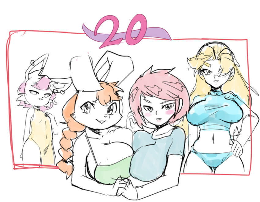 20_bunnies 20_ladies anonymous_artist anthro big_breasts blush border breasts breasts_touching cleavage clothed clothing dress ear_piercing ear_ring female flat_chested fur group hair hand_holding human lagomorph leporid long_hair mammal piercing pink_hair ponytail rabbit red_hair short_hair simple_background skimpy spot_color white_background white_body white_fur