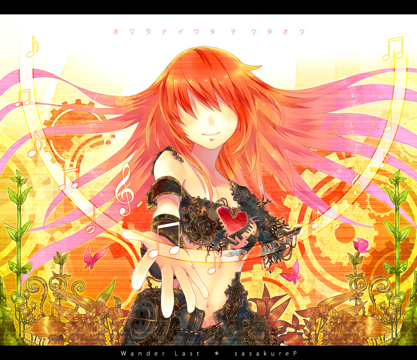 android bad_id bad_pixiv_id beckoning bug butterfly chain crop_top damaged detached_sleeves faceless facing_viewer flower foreshortening gears gradient_hair hands heart insect letterboxed long_hair lyrics mechanical_parts megurine_luka midriff multicolored_hair musical_note navel no_eyes open_hand outstretched_arm outstretched_hand parts_exposed pink_hair reaching red_hair renta_(deja-vu) robot smile solo song_name translated treble_clef very_long_hair vocaloid wander_last_(vocaloid)