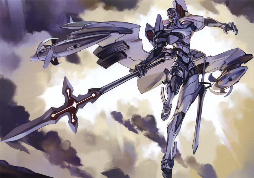 cloud cloudy_sky day engine eva_02 eva_euro_ii_heurtebise evangelion_(mecha) extra_eyes flying highres holding holding_polearm holding_weapon mecha mecha_focus mechanical_wings neon_genesis_evangelion neon_genesis_evangelion_anima no_humans photoshop_(medium) polearm propeller red_eyes robot science_fiction sky spear sword weapon wings yamashita_ikuto