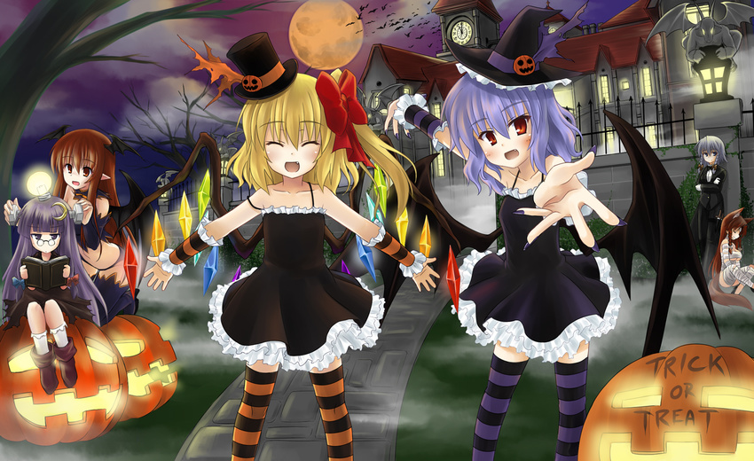 alternate_costume animal_ears bad_id bad_pixiv_id bat_wings bespectacled blonde_hair bolt book flandre_scarlet frankenstein frankenstein's_monster glasses halloween hat head_wings hong_meiling izayoi_sakuya jack-o'-lantern kemonomimi_mode koakuma light_bulb long_hair multiple_girls okitakung patchouli_knowledge ponytail pumpkin purple_hair red_eyes red_hair remilia_scarlet short_hair silver_hair striped striped_legwear tail thighhighs touhou wings