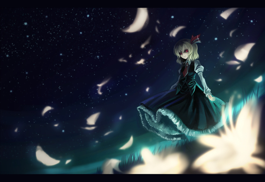 bad_id bad_pixiv_id banned_artist black_sclera blonde_hair dutch_angle eyeliner hair_ribbon letterboxed makeup necktie night night_sky paseri petals petticoat red_eyes ribbon rumia short_hair skirt sky smirk solo standing touhou