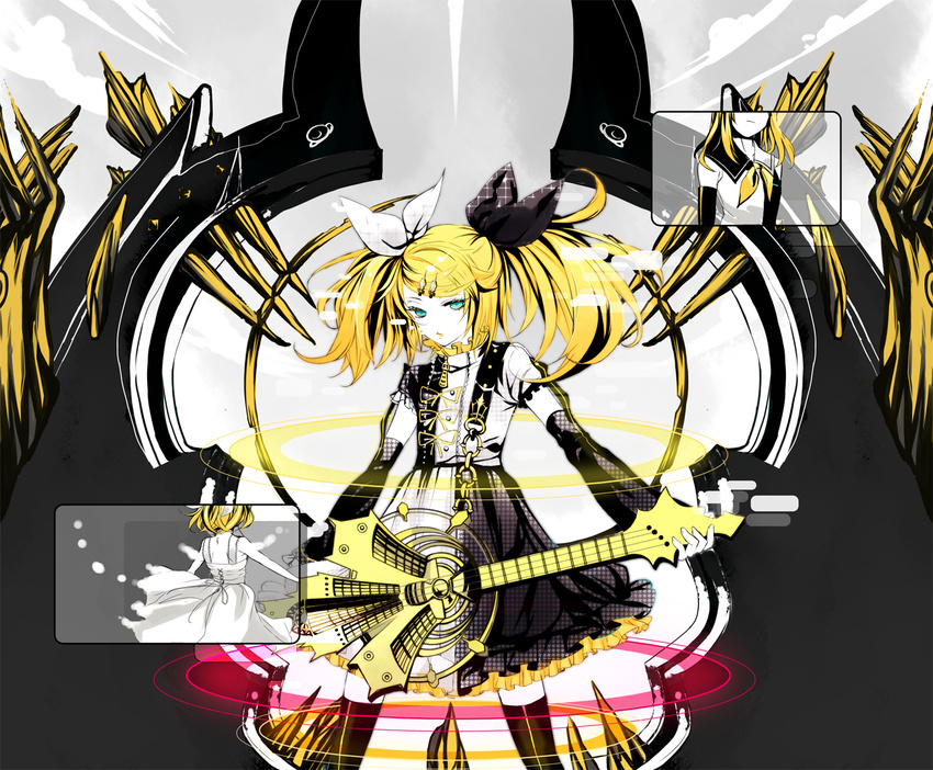 alternate_hairstyle aqua_eyes bass_guitar blonde_hair detached_sleeves dress guitar hair_ornament hair_ribbon hairclip instrument kagamine_rin kagamine_rin_(roshin_yuukai/hard_rkmix) lento_(water) ribbon roshin_yuukai_(vocaloid) solo thighhighs twintails vocaloid zettai_ryouiki