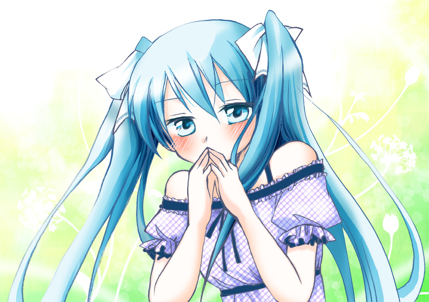 blue_eyes blue_hair blush hatsune_miku highres long_hair nao_(flake) solo twintails vocaloid