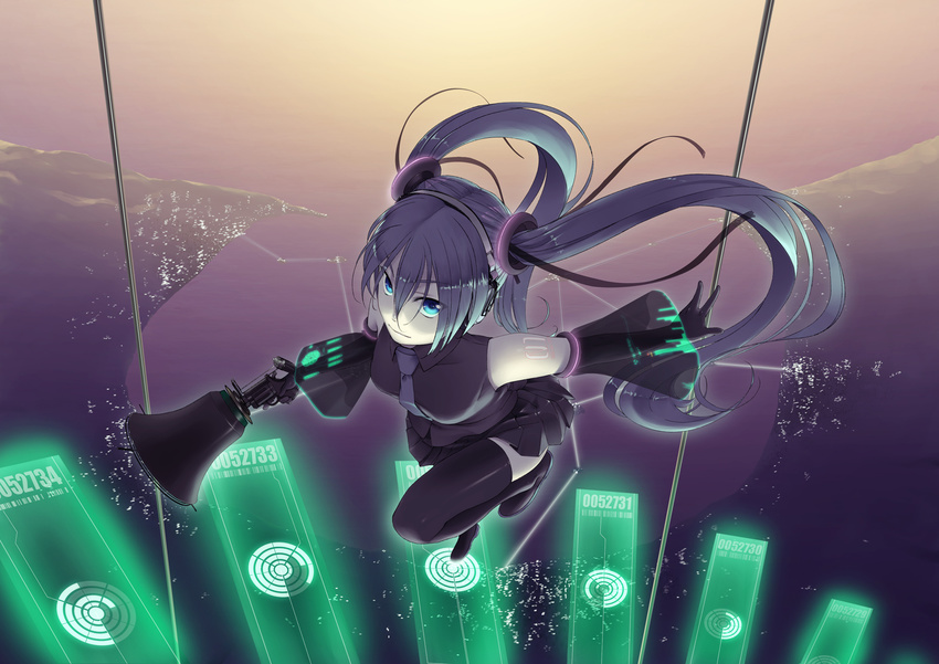bare_shoulders black_footwear black_gloves black_shirt black_skirt blue_eyes blue_hair boots breasts city city_lights closed_mouth collared_shirt detached_sleeves full_body gahaku gloves hatsune_miku headphones highres holding hologram long_hair long_sleeves looking_at_viewer medium_breasts megaphone necktie ocean perspective purple_neckwear shirt shore skirt sleeveless sleeveless_shirt smile solo stairs thigh_boots thighhighs twintails very_long_hair vocaloid water wing_collar zettai_ryouiki