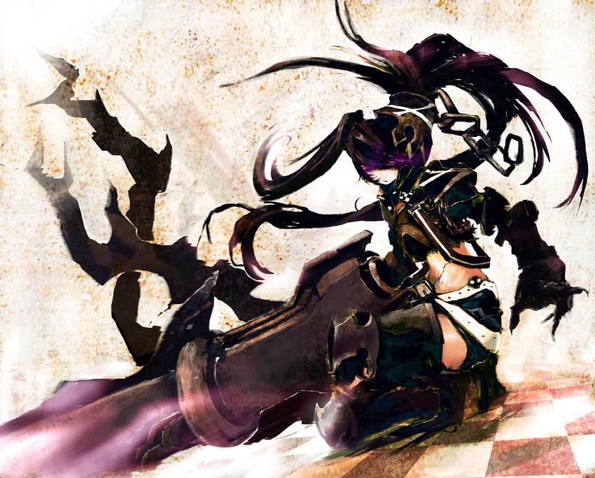 armor belt black_hair black_rock_shooter boots chain gauntlets glowing glowing_eyes greaves highres huge_weapon insane_black_rock_shooter long_hair loose_belt midriff navel purple_eyes shorts so-bin solo thighhighs twintails weapon